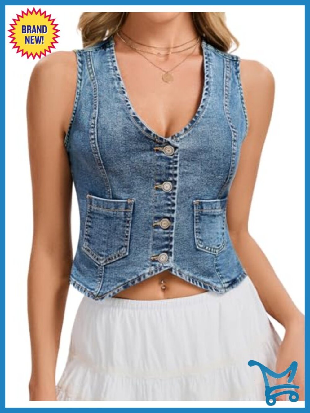 Women's Sleeveless Cropped Denim Vest with Pockets